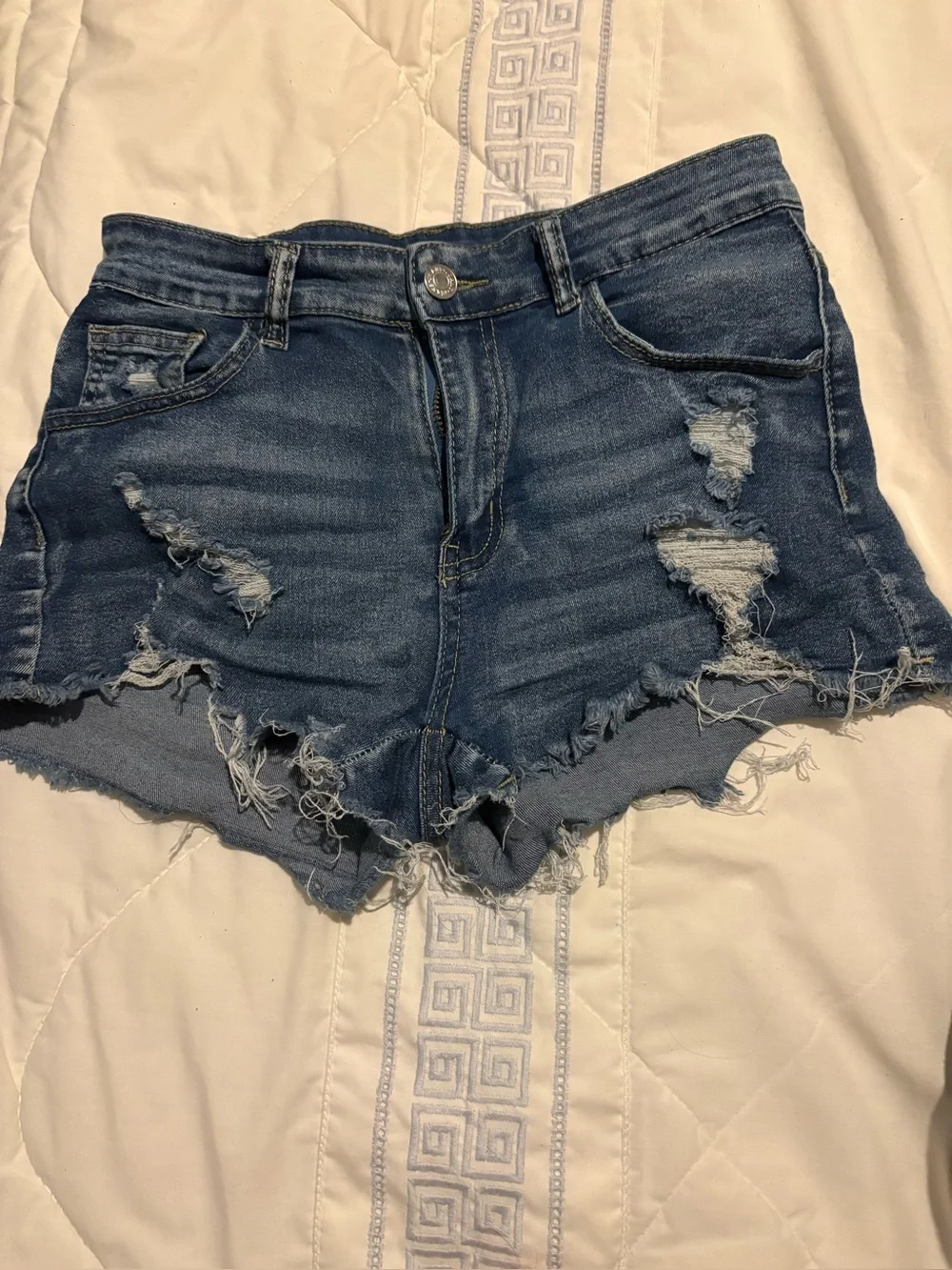 High-Rise Distressed Denim Shorts - Blue